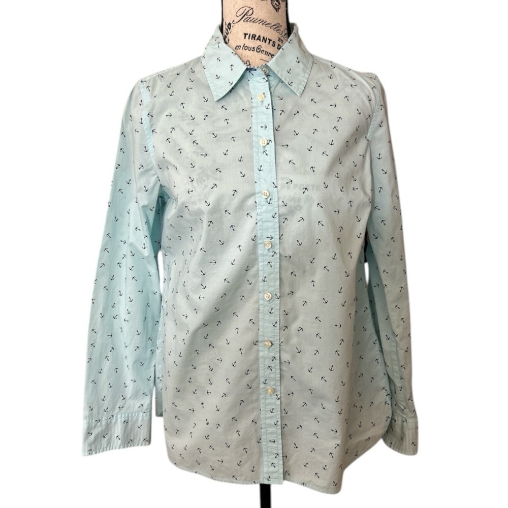 Talbots Long Sleeve Cotton Anchor Nautical Vacation Coastal Button Front Blouse - Picture 4 of 8